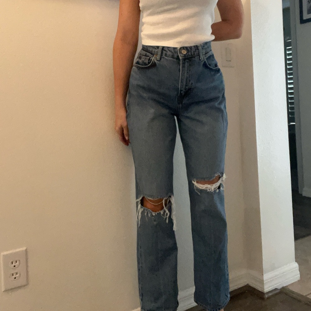 Reformation size 28 wide leg high waisted jeans with distressed ripped knee